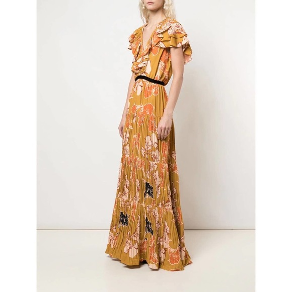 Johanna Ortiz Whiskey Sour Golden Blossom Velvet Trim Pleated Maxi Dress - Picture 2 of 15